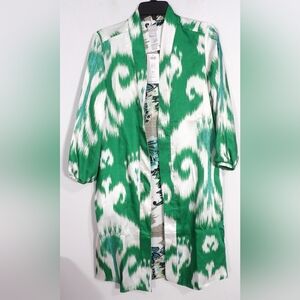 Chico's Green, Teal and Navy Floral Open-Front Duster Could Reverse